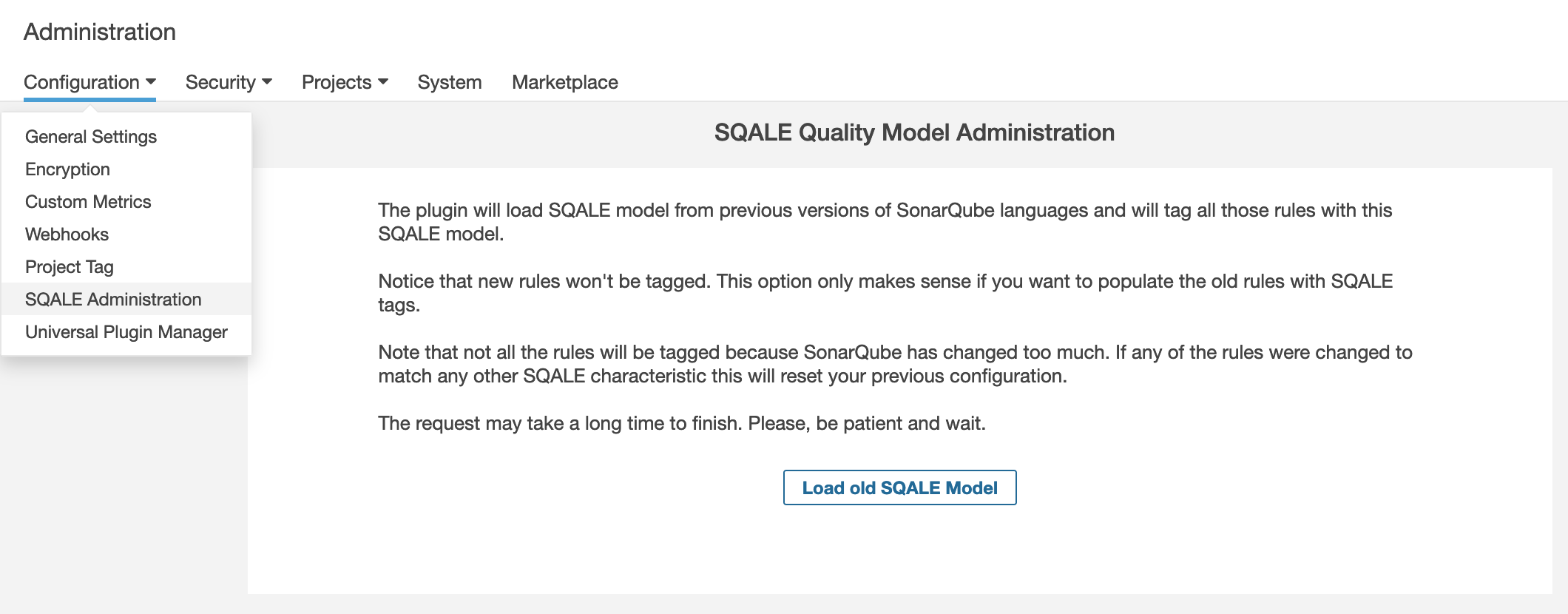 Metodo SQALE en la pagina de administración
