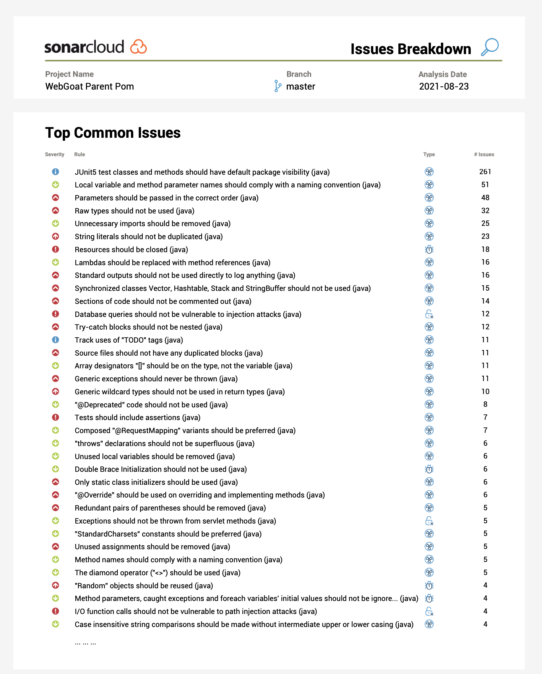 Descarga el informe de SonarCloud - Top Common Issues