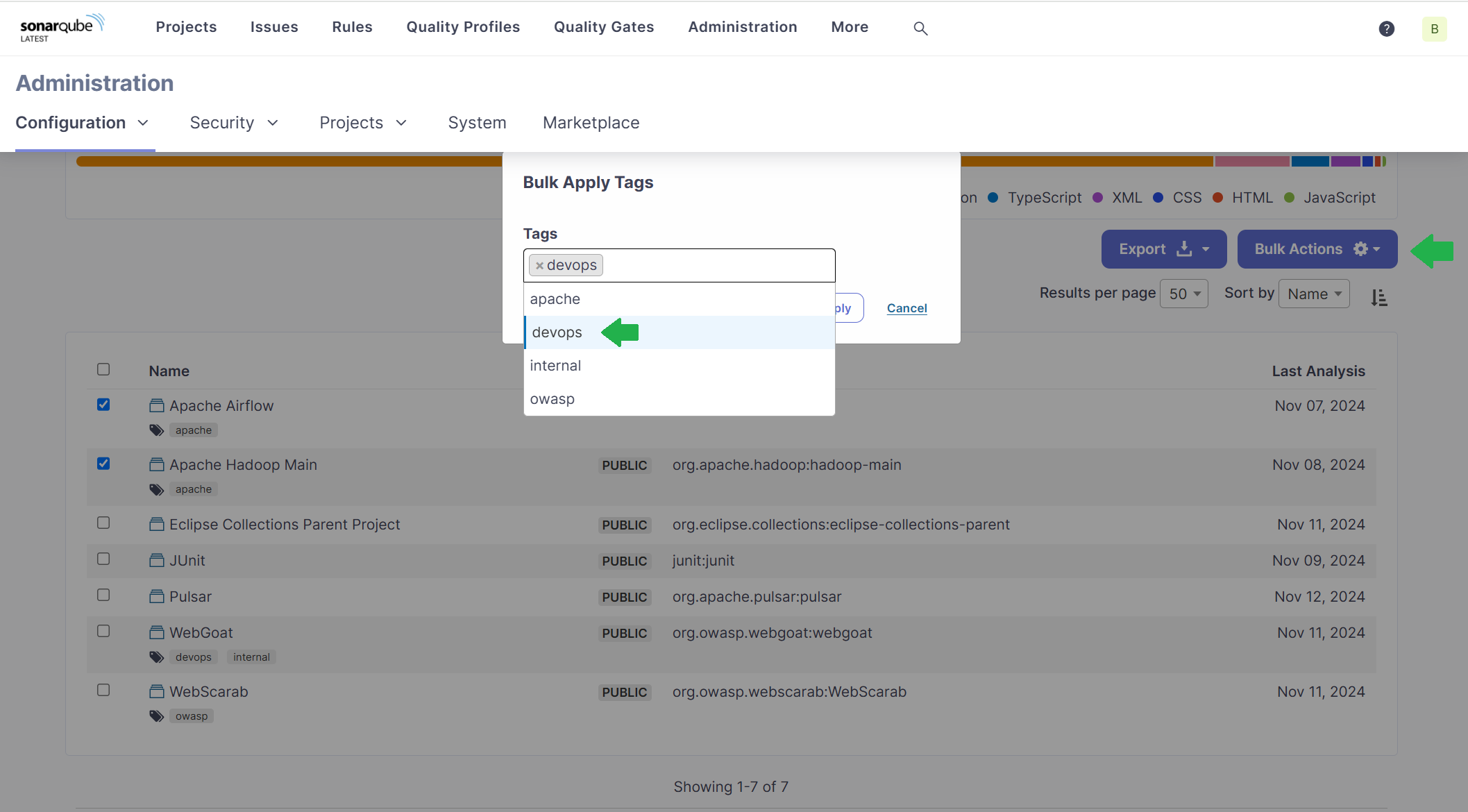 Control Center for SonarQube tag projects in bulk