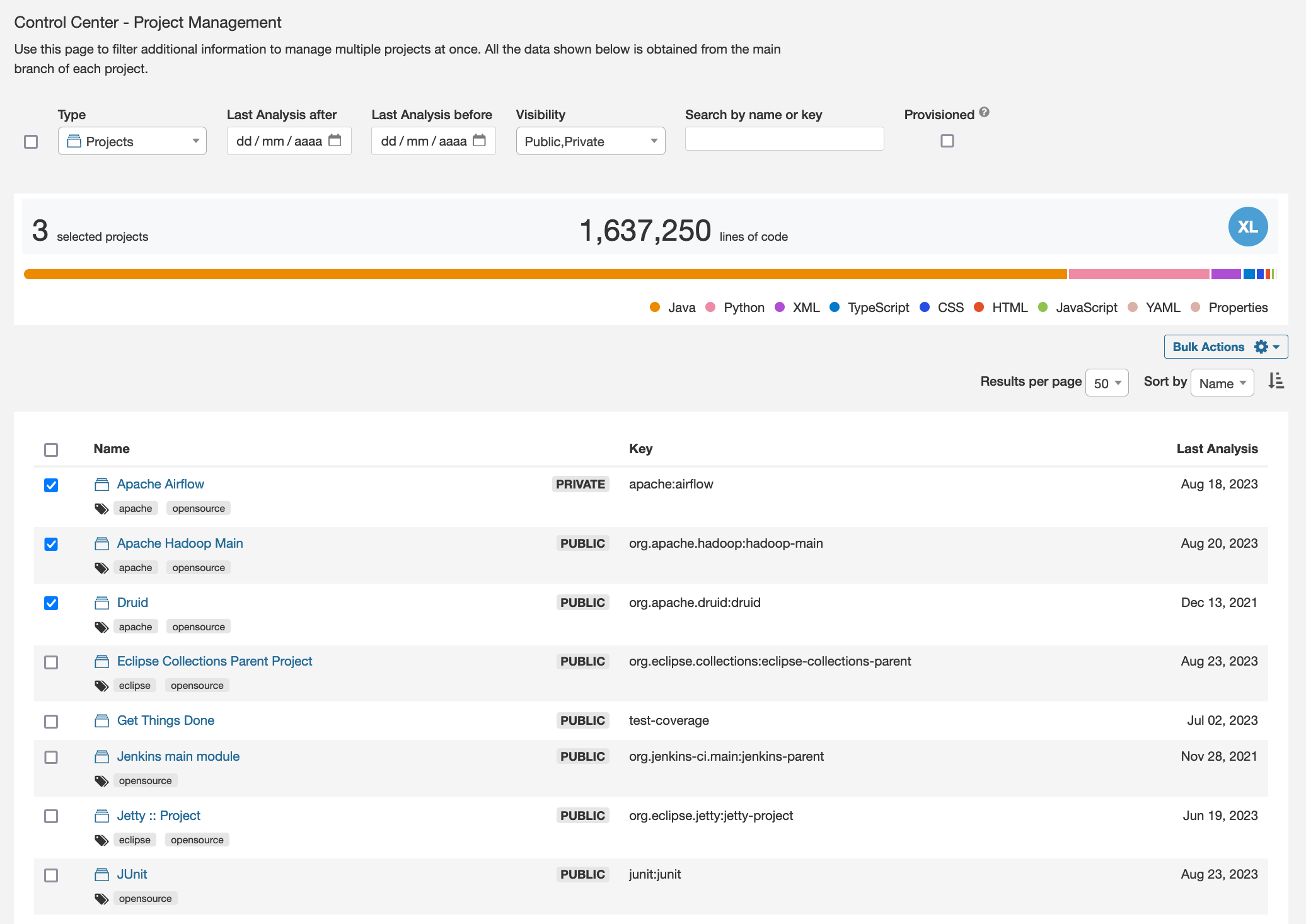 Control Center for SonarQube™ project management page