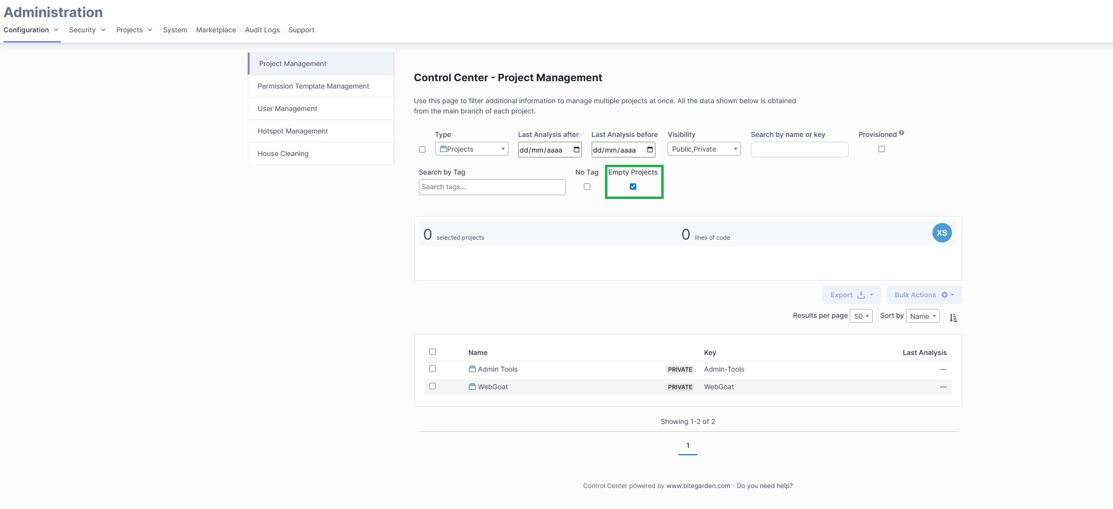 Control Center SonarQube Empty projects