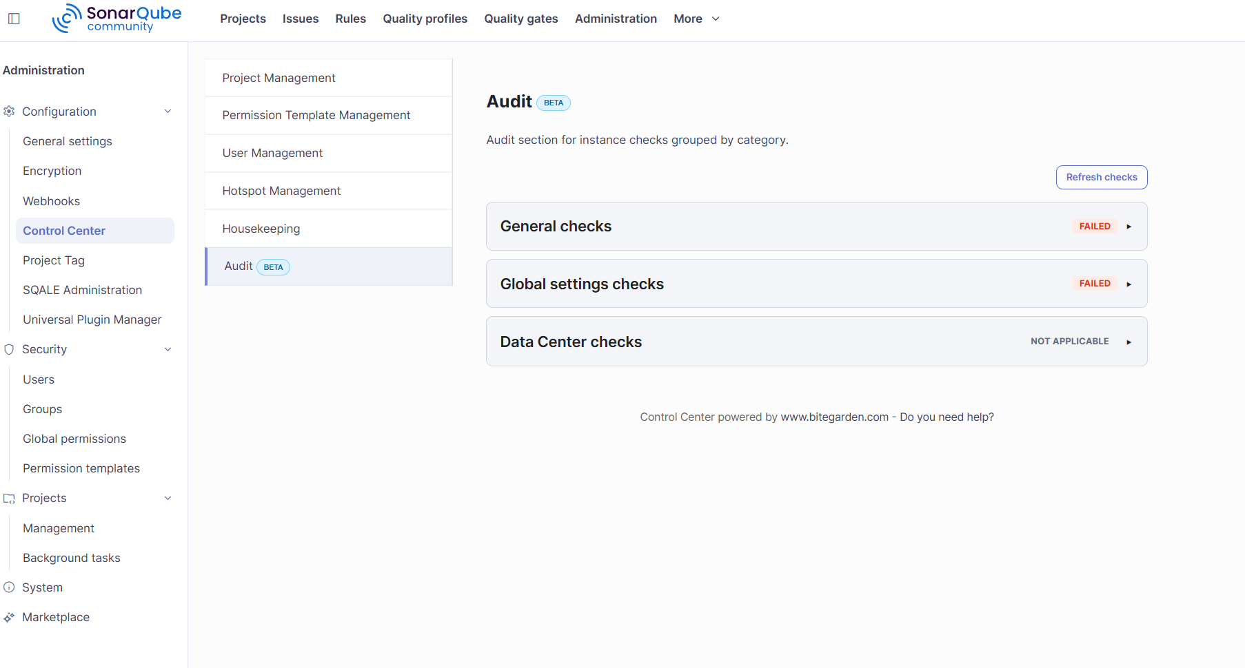 Control Center SonarQube Checks Audit
