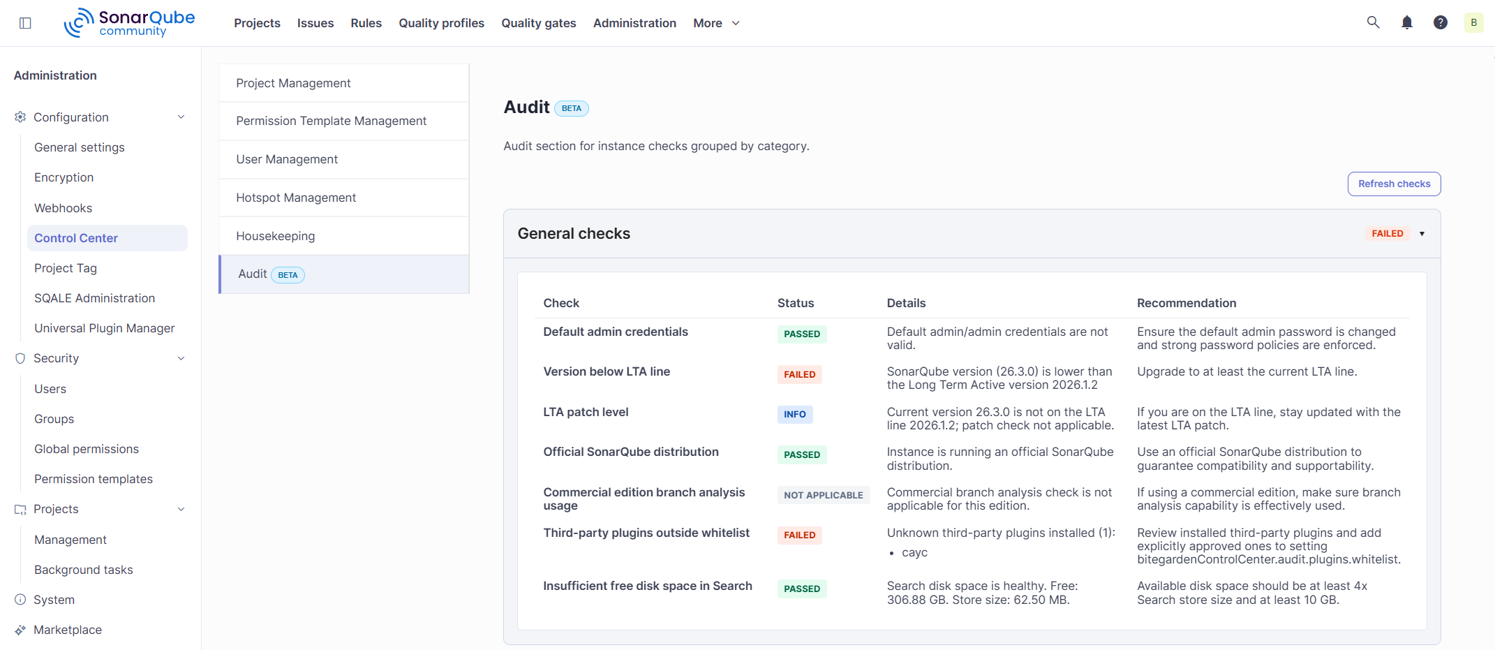 Control Center SonarQube Checks Audit